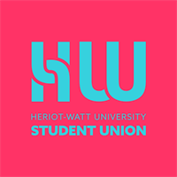 Heriot Watt Student Union logo on blue text on pink background