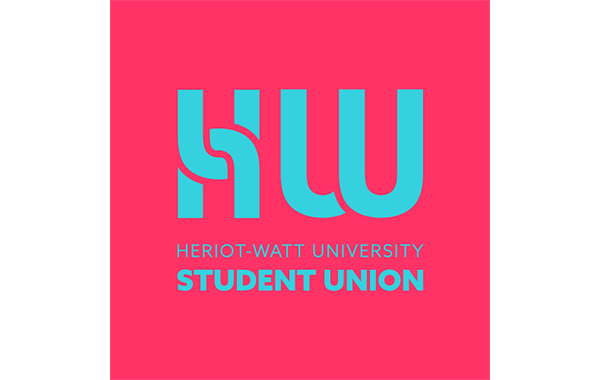 Heriot Watt Student Union logo on blue text on pink background