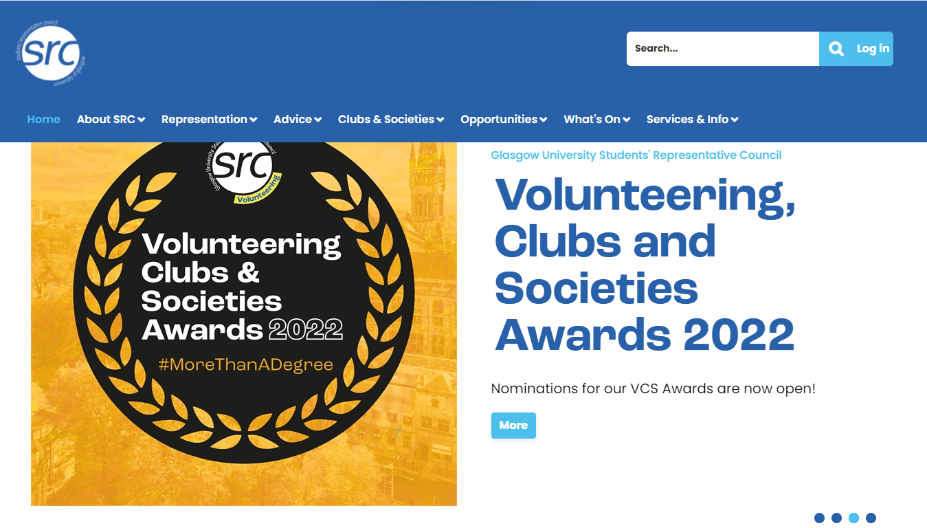 Glasgow SRC home page banner promoting the Volunteering Clubs & Societies Awards 2022