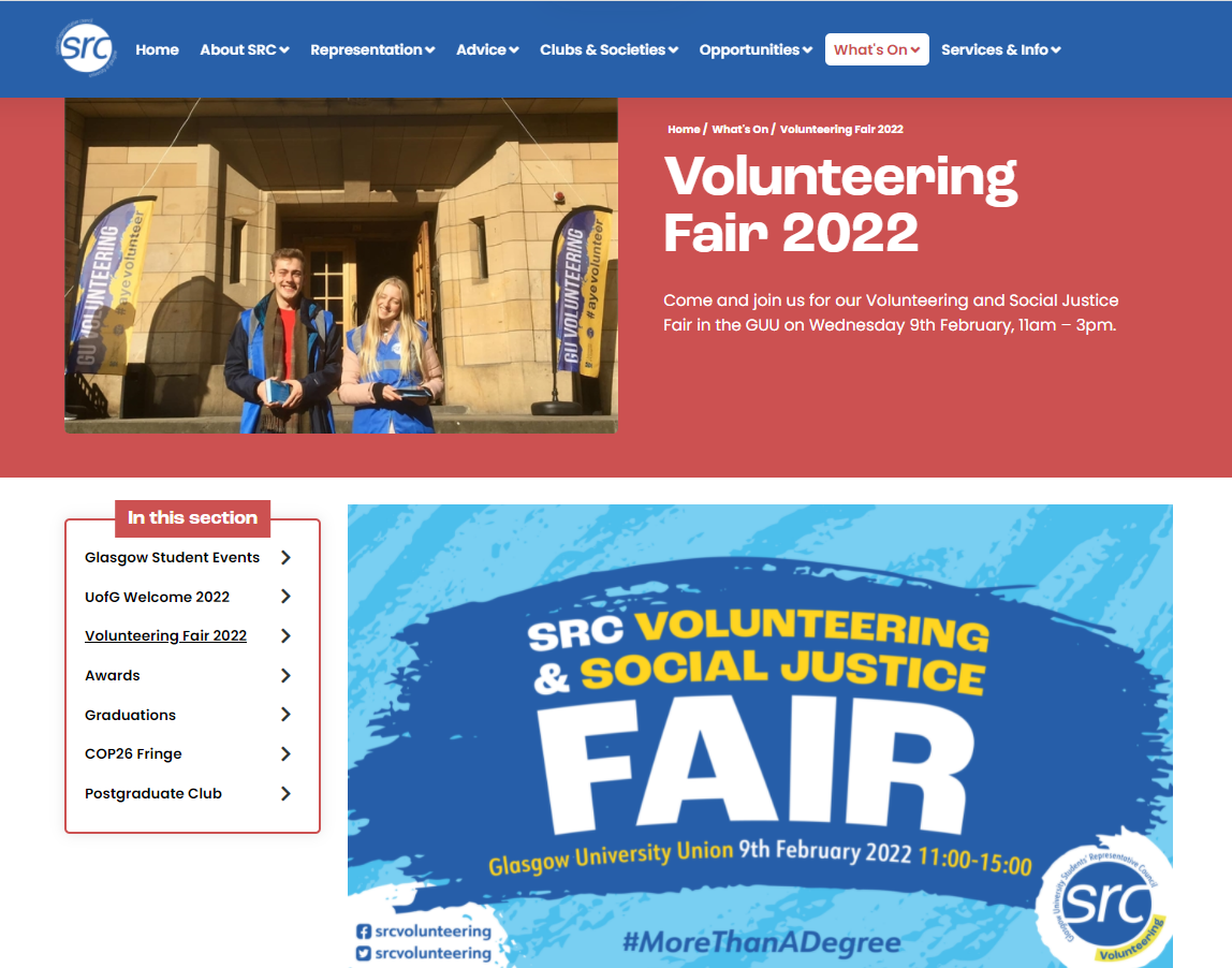 Glasgow SRC volunteering area of the website
