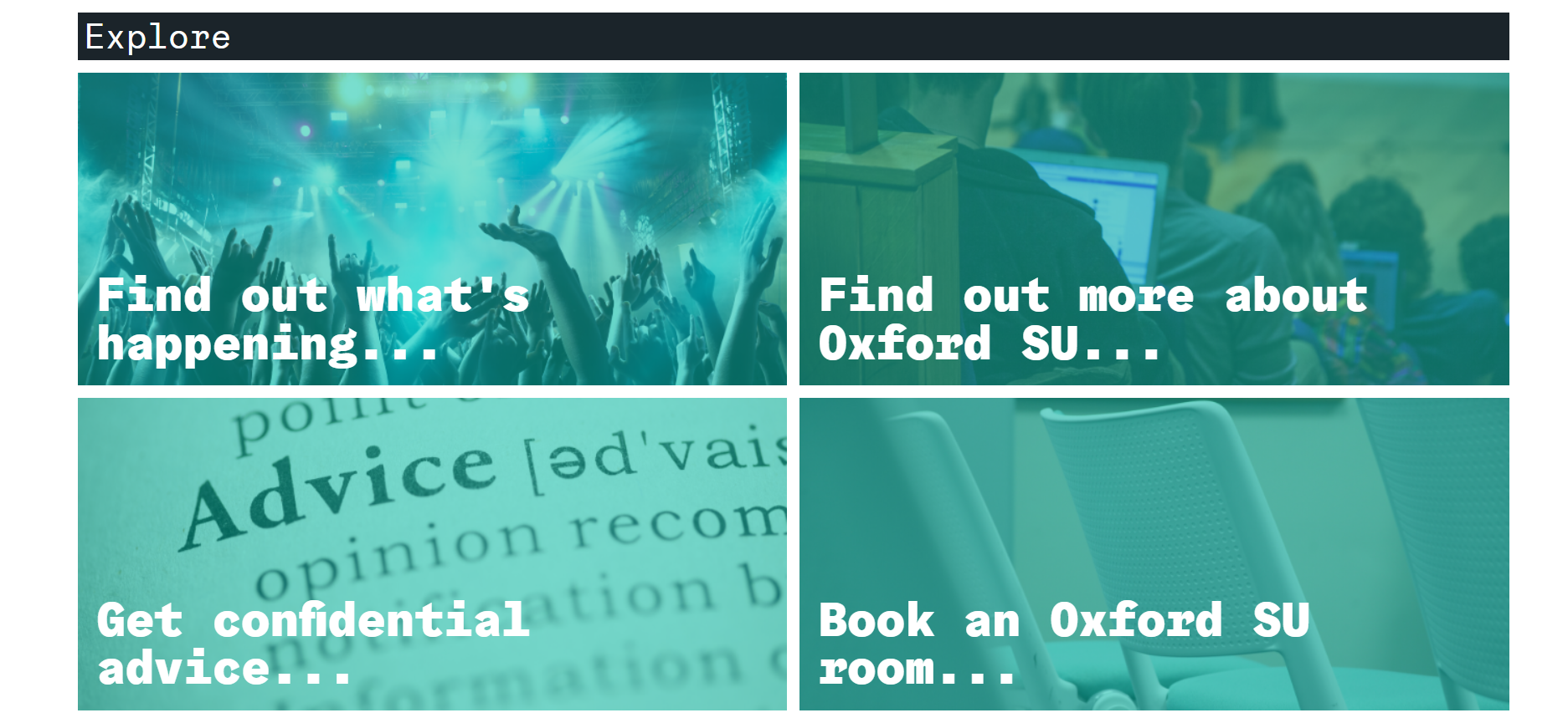 Oxford Student Union web page using image navigation to explore participation opportunities