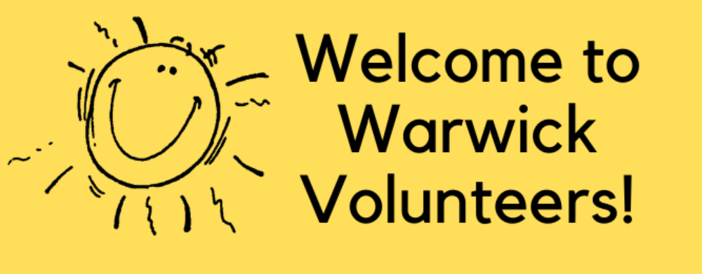 Warwick University Volunteers logo in black text with smiling sun on a yellow background