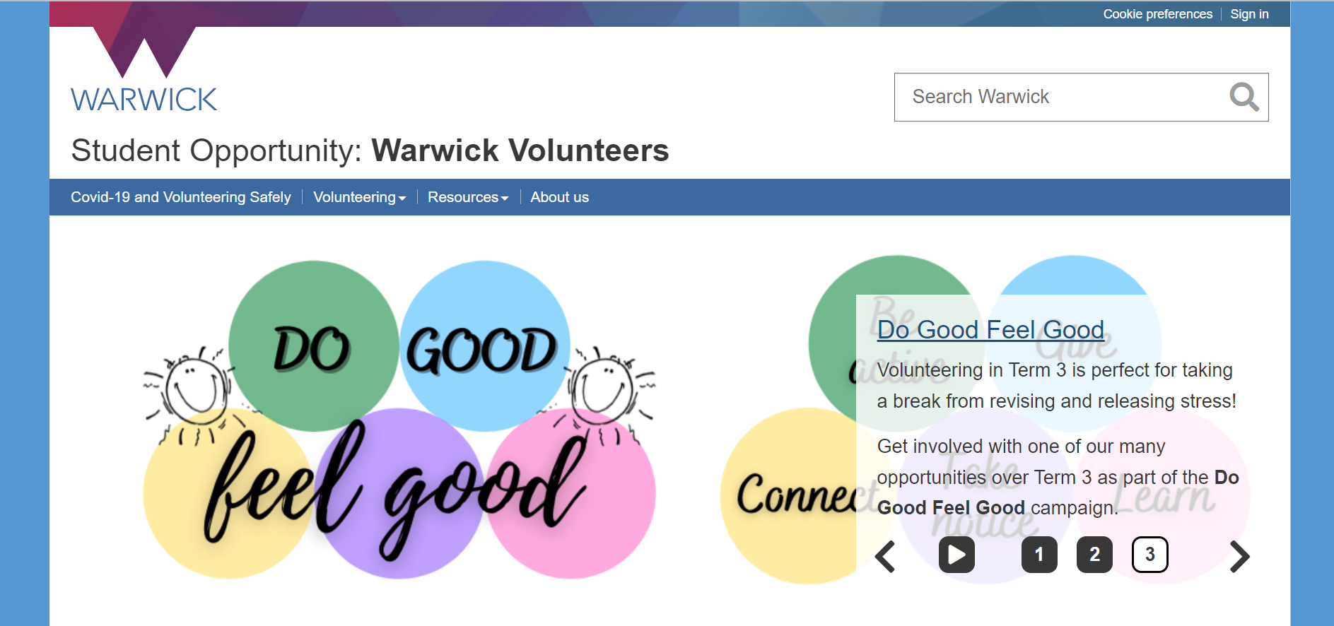 Warwick University Volunteers student opportunity page example 