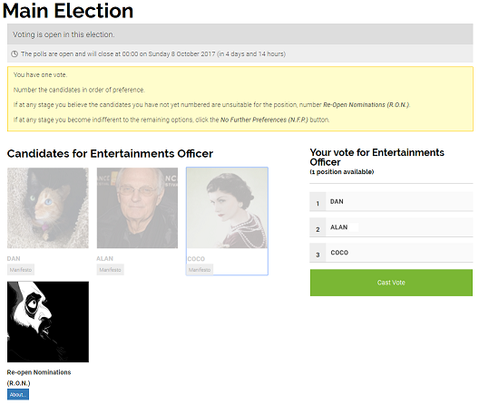 An online ballot paper for officer elections
