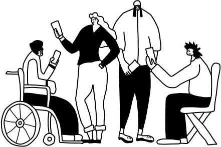 Stylised illustration of four students engaging face to face and online