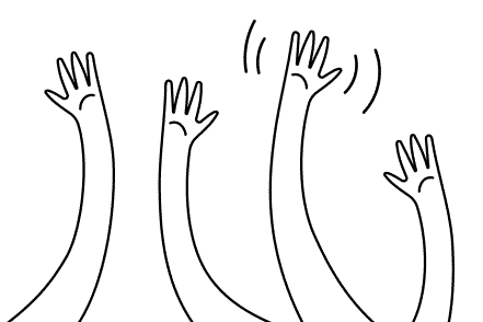 Stylised illustration of four hands reaching up and waving