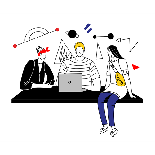 Illustration of three students working together around a laptop on a table