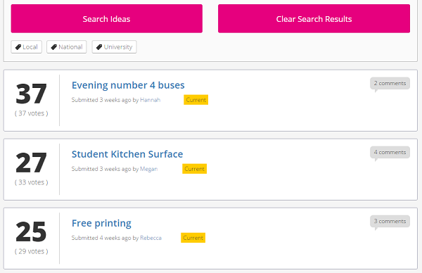 An Ideas List showing suggestions and votes up and down