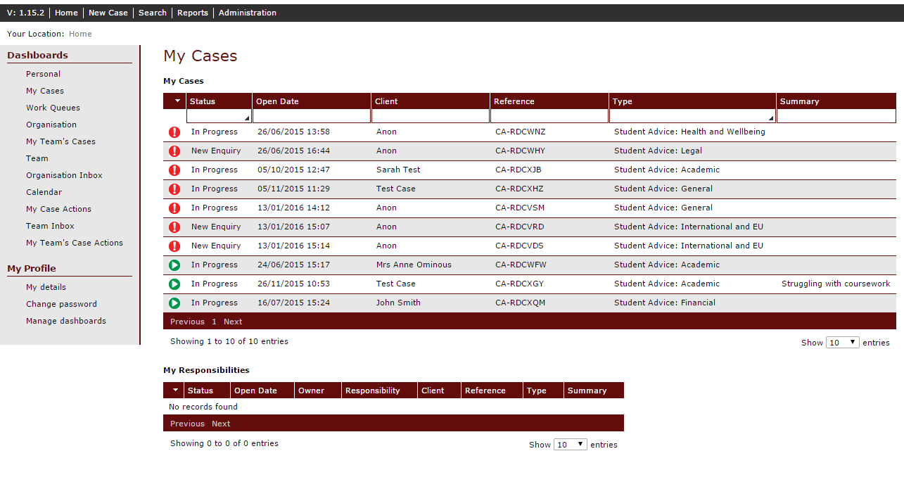 A cases dashboard showing activity and progress within Student Case Manager