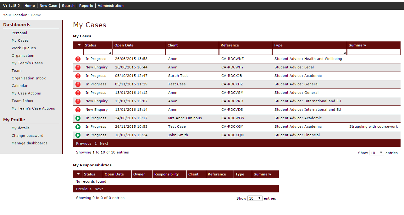 A dashboard of cases in Student Case Manager