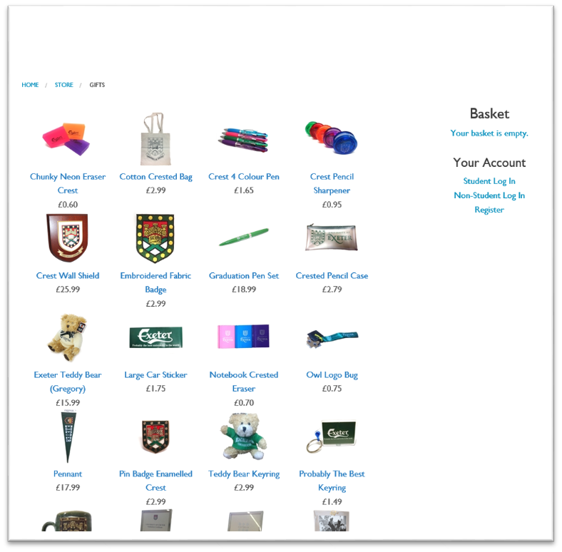 A selection of items for sale in a Gift catalogue area of an online shop