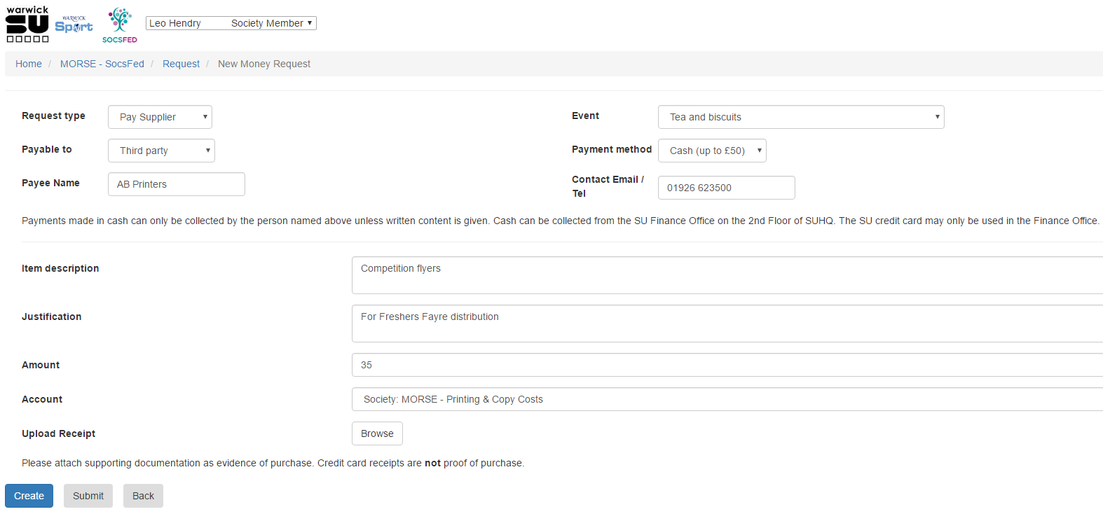 Screens allowing students or committee members to submit expense claims for their group's activities