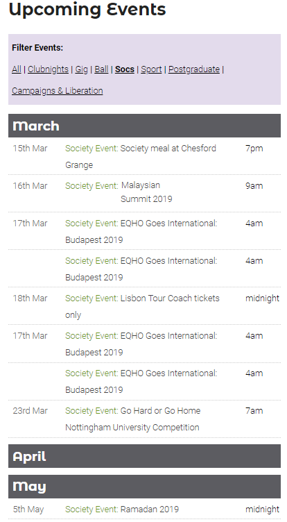 An online event calendar filtered by society activities